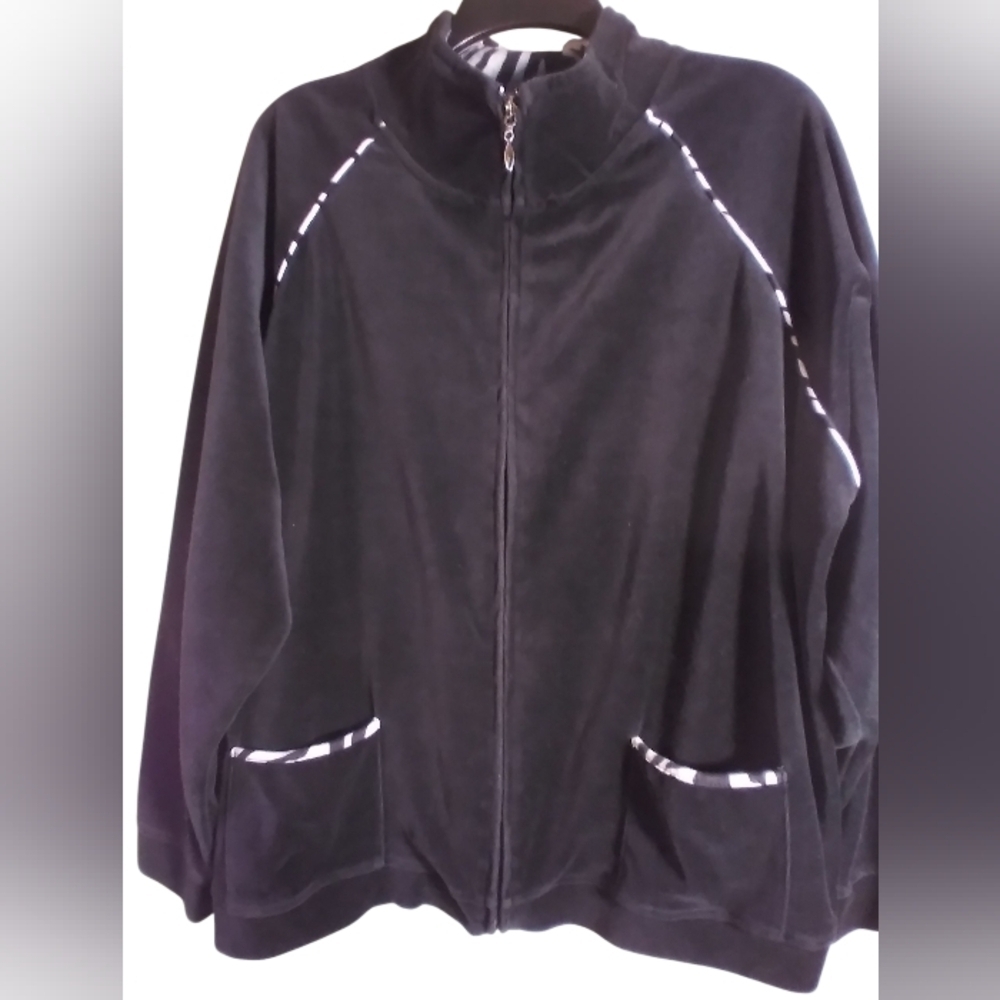 Jane Ashley Black Crush Velvet Full Zip Jacket Zebra Trim Size 2X Pockets
